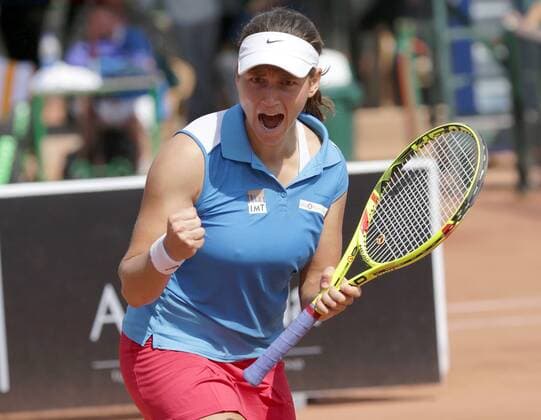 TENNIS - ITF, Fed Cup CAIRO,EGYPT,14.APR.16 - TENNIS - ITF, Fed Cup, Europe Africa Zone II, Group 1. Image shows the rejoicing of Stephanie Vogt (LIE). GEPAxpictures xWalterxLuger