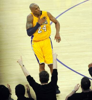 Los Angeles Lakers Kobe Bryant reacts after making a basket in the second half in his final game against the Utah Jazz at Staples Center in Los Angeles on April 13, 2016. Bryant scored 60 points. The Lakers won 101 to 96.  LAP20160413627 LORIxSHEPLER