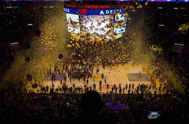 April 13, 2016 - Los Angeles, California, U.S - Kobe Bryant 24 of the Los Angeles Lakers addresses the crowd after scoring 60 points in his final NBA Basketball Herren USA game at Staples Center on Wednesday, April 13, 2016 in Los Angeles, California. The Lakers defeated the Utah Jazz 101-96. Lakers vs. Jazz - ZUMAp124