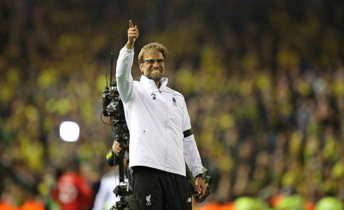 14.04.2016, Fussball UEFA Europa League 2015 2016, Viertelfinale, Rückspiel, FC Liverpool - Borussia Dortmund, im Anfield Stadium Liverpool. Schlussjubel Trainer Jürgen Klopp (FC Liverpool) 