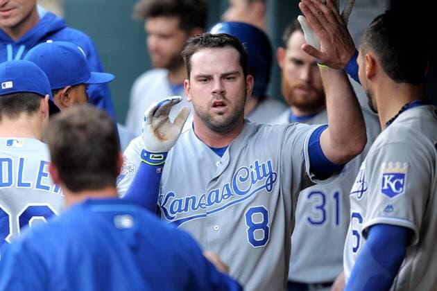 APR 14 2016: Kansas City Royals third baseman Mike Moustakas (8) is congratulated in the dugout after hitting a solo home run during the first inning of the MLB Baseball Herren USA baseball game between the Houston Astros and the Kansas City Royals from Minute Maid Park in Houston, TX. Credit image: MLB 2016: Royals vs Astros APR 14 - ZUMAc04_