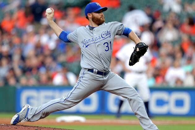 APR 14 2016: Kansas City Royals starting pitcher Ian Kennedy (31) delivers a pitch during the first inning of the MLB Baseball Herren USA baseball game between the Houston Astros and the Kansas City Royals from Minute Maid Park in Houston, TX. Credit image: MLB 2016: Royals vs Astros APR 14 - ZUMAc04_