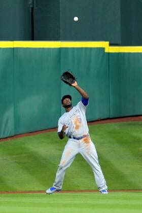 APR 14 2016: Kansas City Royals center fielder Lorenzo Cain (6) reaches up to catch a fly ball for an out during the first inning of the MLB Baseball Herren USA baseball game between the Houston Astros and the Kansas City Royals from Minute Maid Park in Houston, TX. Credit image: MLB 2016: Royals vs Astros APR 14 - ZUMAc04_