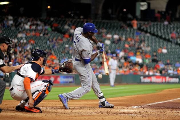 APR 14 2016: Kansas City Royals center fielder Lorenzo Cain (6) hits a short ground ball into the dirt during the fourth inning of the MLB Baseball Herren USA baseball game between the Houston Astros and the Kansas City Royals from Minute Maid Park in Houston, TX. Credit image: MLB 2016: Royals vs Astros APR 14 - ZUMAc04_