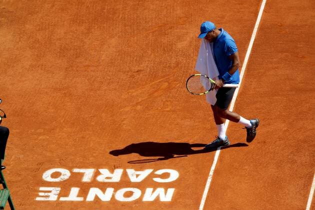 15.04.2016: Rolex Monte Carlo Masters Tennis: Jo-Wilfroed Tsonga in action against Roger Federer in the last 8 at the Monte-Carlo Country Club. 15.04.2016: Rolex Monte Carlo Masters Tennis 