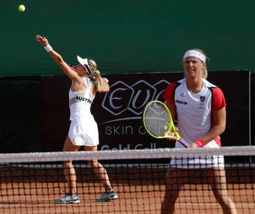 TENNIS - ITF, Fed Cup CAIRO,EGYPT,15.APR.16 - TENNIS - ITF, Fed Cup, Europe Africa Zone II, Group 1. Image shows Barbara Haas and Sandra Klemenschits (AUT). GEPAxpictures xWalterxLuger