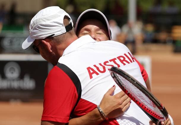 TENNIS - ITF, Fed Cup CAIRO,EGYPT,15.APR.16 - TENNIS - ITF, Fed Cup, Europe Africa Zone II, Group 1. Image shows the rejoicing of captain Juergen Waber and Barbara Haas (AUT). GEPAxpictures xWalterxLuger