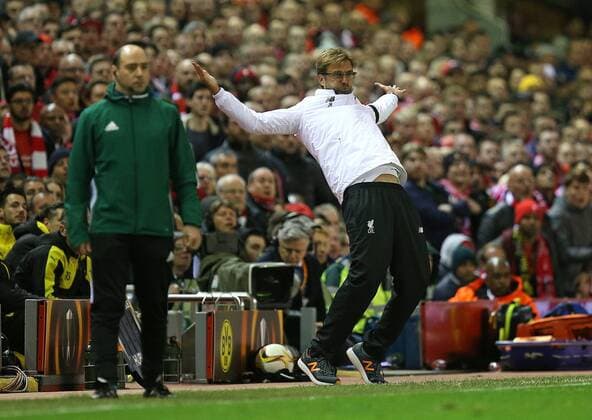 14.04.2016, Fussball UEFA Europa League 2015 2016, Viertelfinale, Rückspiel, FC Liverpool - Borussia Dortmund, im Anfield Stadium Liverpool. Trainer Jürgen Klopp (re., FC Liverpool) 