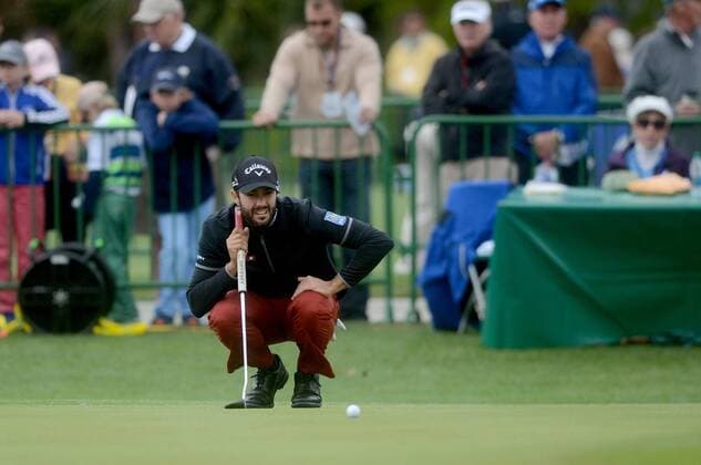 April 15, 2016 - USA - Adam Hadwin lines up his putt on the green of the 9th hole during the second round of the RBC Heritage Presented by Boeing on Friday, April 15, 2016 at Harbour Town Golf Links in Sea Pines on Hilton Head Island, S.C. RBC Heritage golf - ZUMAm67_