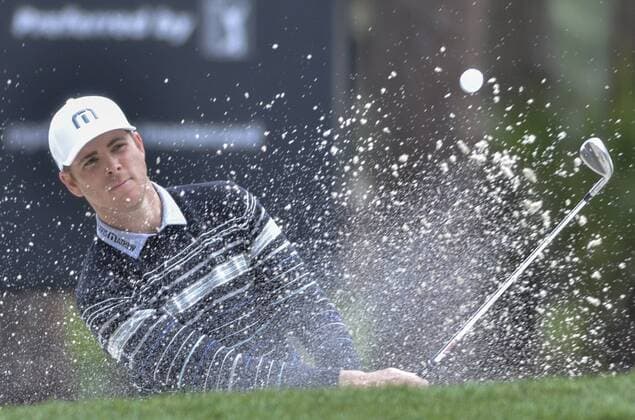 April 15, 2016 - Hilton Head Island, SC, USA - Luke List blasts out of a bunker on No. 12 during the second round of the RBC Heritage Presented by Boeing on Friday, April 15, 2016, at Harbour Town Golf Links in Sea Pines on Hilton Head Island, S.C. RBC Heritage golf - ZUMAm67_