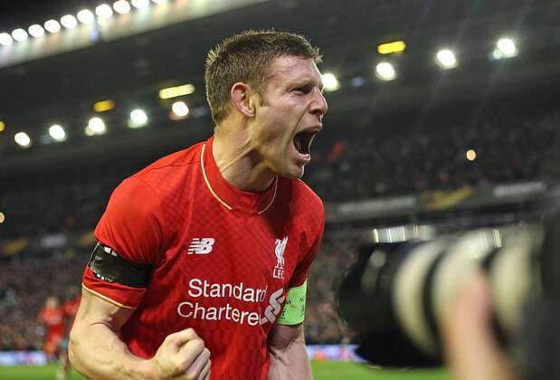14.04.2016, Fussball UEFA Europa League 2015 2016, Viertelfinale, Rückspiel, FC Liverpool - Borussia Dortmund, im Anfield Stadium Liverpool. Jubel James Milner (FC Liverpool) zum Tor zum 4:3 