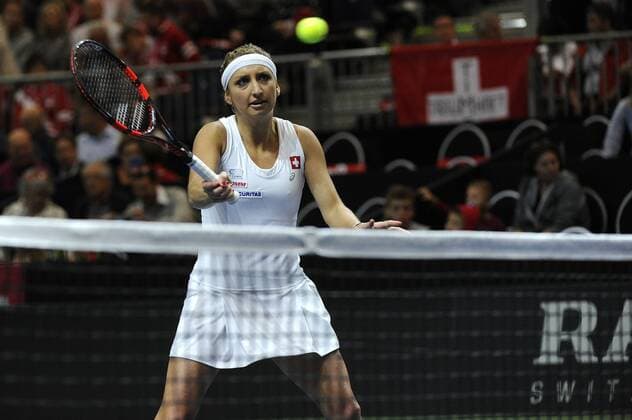 16.04.2016. Messe Luzern, Lucerne, Switzerland. Fed Cup Semi Final. Switzerland Versus Czech Republic. Timea Bacsinszky in action in the match with Barbora Strycova of the Czech Republic xDavidxEmmx  ActionPlus11728468