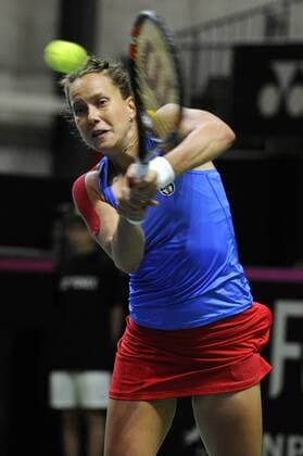 16.04.2016. Messe Luzern, Lucerne, Switzerland. Fed Cup Semi Final. Switzerland Versus Czech Republic. Barbora Strycova in action in the match with Timea Bacsinszky of Switzerland xDavidxEmmx  ActionPlus11728470