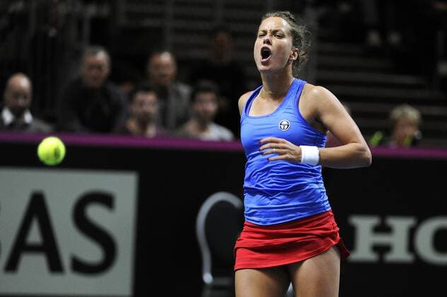 16.04.2016. Messe Luzern, Lucerne, Switzerland. Fed Cup Semi Final. Switzerland Versus Czech Republic. Barbora Strycova in action in the match with Timea Bacsinszky of Switzerland xDavidxEmmx  ActionPlus11728472