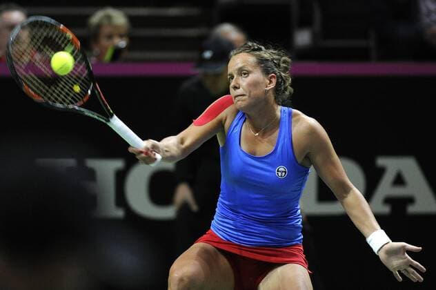 16.04.2016. Messe Luzern, Lucerne, Switzerland. Fed Cup Semi Final. Switzerland Versus Czech Republic. Barbora Strycova in action in the match with Timea Bacsinszky of Switzerland xDavidxEmmx  ActionPlus11728474