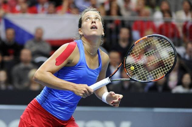 16.04.2016. Messe Luzern, Lucerne, Switzerland. Fed Cup Semi Final. Switzerland Versus Czech Republic. Barbora Strycova in action in the match with Timea Bacsinszky of Switzerland xDavidxEmmx  ActionPlus11728475