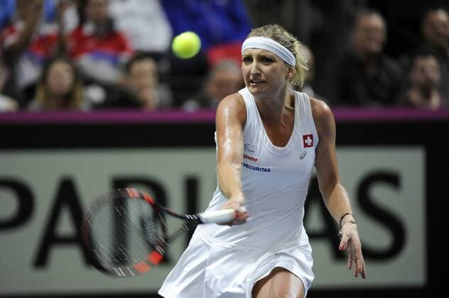 16.04.2016. Messe Luzern, Lucerne, Switzerland. Fed Cup Semi Final. Switzerland Versus Czech Republic. Timea Bacsinszky in action in the match with Barbora Strycova of the Czech Republic xDavidxEmmx  ActionPlus11728477