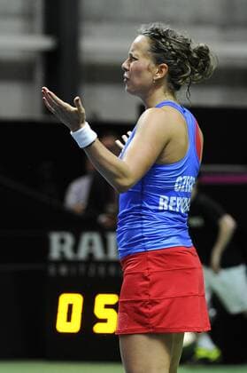 16.04.2016. Messe Luzern, Lucerne, Switzerland. Fed Cup Semi Final. Switzerland Versus Czech Republic. Barbora Strycova questions a call in the match with Timea Bacsinszky of Switzerland xDavidxEmmx  ActionPlus11728482