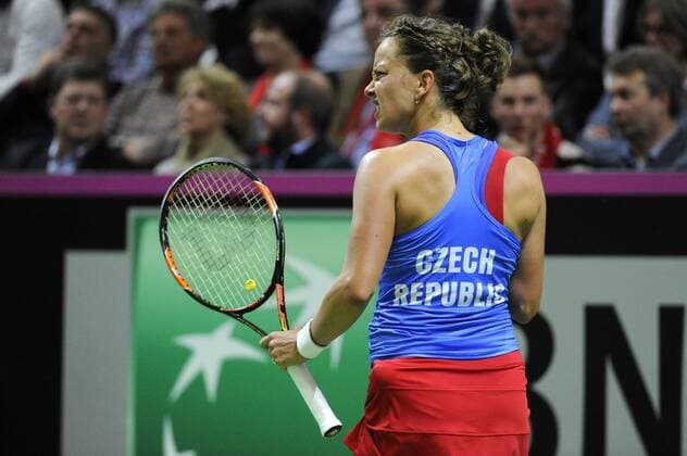 16.04.2016. Messe Luzern, Lucerne, Switzerland. Fed Cup Semi Final. Switzerland Versus Czech Republic. Barbora Strycova in action in the match with Timea Bacsinszky of Switzerland xDavidxEmmx  ActionPlus11728483