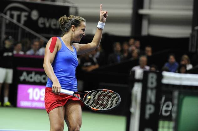 16.04.2016. Messe Luzern, Lucerne, Switzerland. Fed Cup Semi Final. Switzerland Versus Czech Republic. Barbora Strycova in action in the match with Timea Bacsinszky of Switzerland xDavidxEmmx  ActionPlus11728486