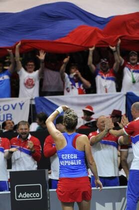 16.04.2016. Messe Luzern, Lucerne, Switzerland. Fed Cup Semi Final. Switzerland Versus Czech Republic. Barbora Strycova celebrates in front of the Czech fans after the match with Timea Bacsinszky of Switzerland xDavidxEmmx  ActionPlus11728487