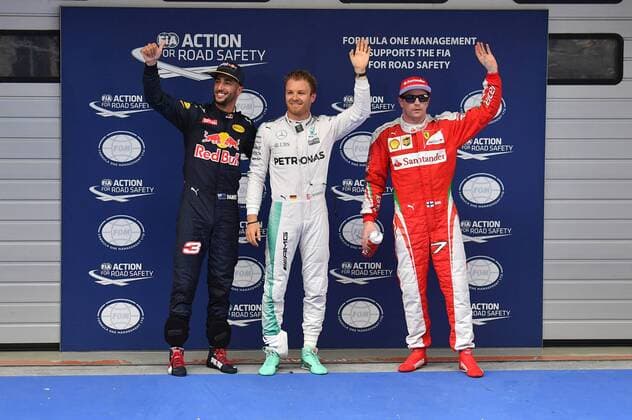 Mercedes driver Nico Rosberg of Germany, center, Red Bull driver Daniel Ricciardo of Australia, left, and Ferrari driver Kimi Raikkonen of Finland wave after winning the first three positions in the qualifying session during the 2016 Formula 1 Chinese Grand Prix in Shanghai, China, 16 April 2016. Nico Rosberg wins pole position for Formula 1 Chinese Grand Prix  20160416_49777