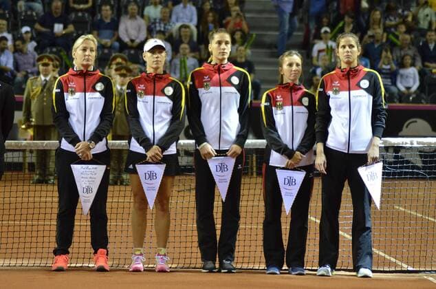 Tennis - Fed Cup - WORLD GROUP PLAY-OFF - Romania vs. Germany APR 2016 April 16, 2016: Captain Barbara RITTNER, Angelique KERBER, Annika BECK, Julia GOERGES, Andrea PETKOVIC during the Fed Cup - WORLD GROUP PLAY-OFF - Romania vs. Germany at Polyvalent Hall in Cluj-Napoca, Romania ROU.