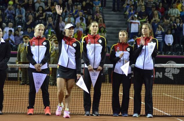 Tennis - Fed Cup - WORLD GROUP PLAY-OFF - Romania vs. Germany APR 2016 April 16, 2016: Captain Barbara RITTNER, Angelique KERBER, Annika BECK, Julia GOERGES, Andrea PETKOVIC during the Fed Cup - WORLD GROUP PLAY-OFF - Romania vs. Germany at Polyvalent Hall in Cluj-Napoca, Romania ROU.