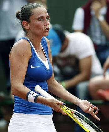 Italian Roberta Vinci regrets a missing point against Spanish Carla Suarez during their game as part of Federation Cup s World Group play-off at Lleida tennis club, northeastern Spain, 16 April 2016. Carla won 6-1 and 6-1. Spain vs. Italy !ACHTUNG: NUR REDAKTIONELLE NUTZUNG!  20160416-635964276490097766