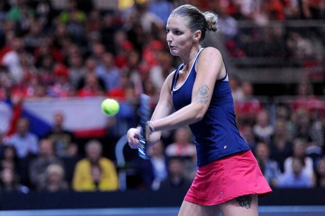 16.04.2016. Messe Luzern, Lucerne, Switzerland. Fed Cup Semi Final. Switzerland Versus Czech Republic. Karolina Pliskova in action in the match between Viktorija Golubic of Switzerland and Karolina Pliskova of the Czech Republic xDavidxEmmx  ActionPlus11728655