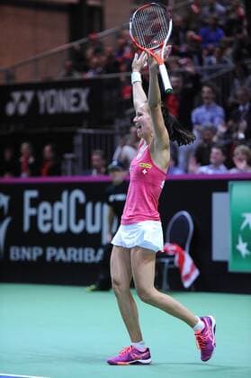 16.04.2016. Messe Luzern, Lucerne, Switzerland. Fed Cup Semi Final. Switzerland Versus Czech Republic. Viktorija Golubic in action in the match between Viktorija Golubic of Switzerland and Karolina Pliskova of the Czech Republic xDavidxEmmx  ActionPlus11728657