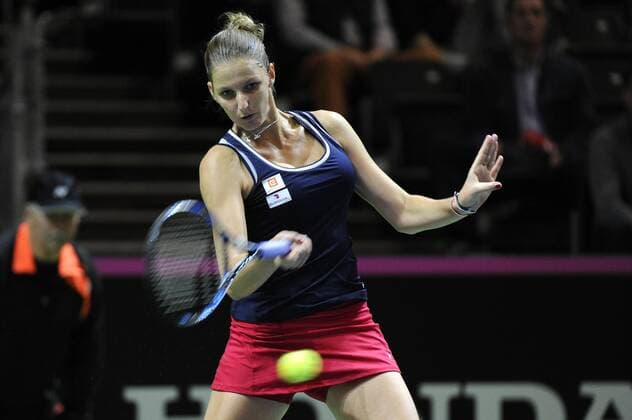 16.04.2016. Messe Luzern, Lucerne, Switzerland. Fed Cup Semi Final. Switzerland Versus Czech Republic. Karolina Pliskova in action in the match between Viktorija Golubic of Switzerland and Karolina Pliskova of the Czech Republic xDavidxEmmx  ActionPlus11728659