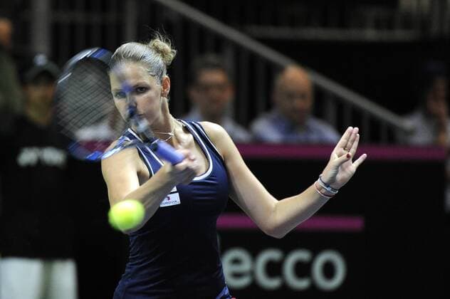 16.04.2016. Messe Luzern, Lucerne, Switzerland. Fed Cup Semi Final. Switzerland Versus Czech Republic. Karolina Pliskova in action in the match between Viktorija Golubic of Switzerland and Karolina Pliskova of the Czech Republic xDavidxEmmx  ActionPlus11728660
