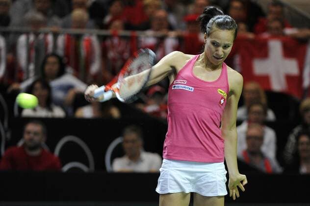 16.04.2016. Messe Luzern, Lucerne, Switzerland. Fed Cup Semi Final. Switzerland Versus Czech Republic. Viktorija Golubic in action in the match between Viktorija Golubic of Switzerland and Karolina Pliskova of the Czech Republic xDavidxEmmx  ActionPlus11728661