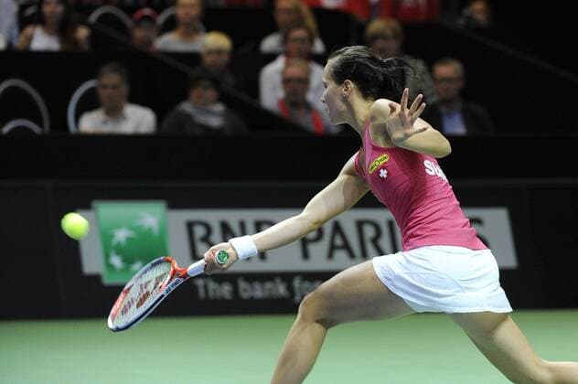 16.04.2016. Messe Luzern, Lucerne, Switzerland. Fed Cup Semi Final. Switzerland Versus Czech Republic. Viktorija Golubic in action in the match between Viktorija Golubic of Switzerland and Karolina Pliskova of the Czech Republic xDavidxEmmx  ActionPlus11728662