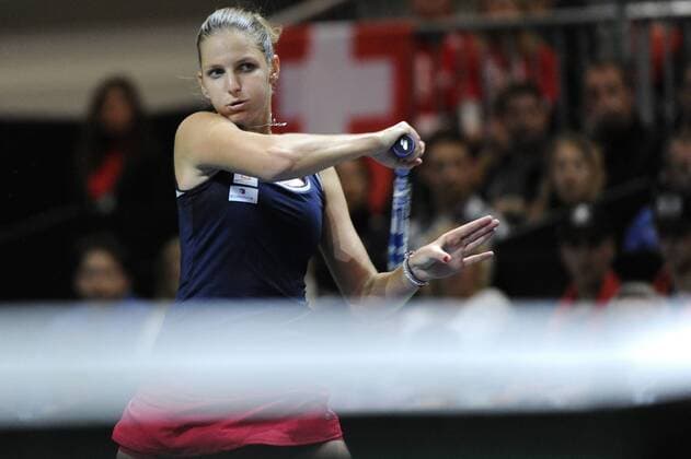 16.04.2016. Messe Luzern, Lucerne, Switzerland. Fed Cup Semi Final. Switzerland Versus Czech Republic. Karolina Pliskova in action in the match between Viktorija Golubic of Switzerland and Karolina Pliskova of the Czech Republic xDavidxEmmx  ActionPlus11728666