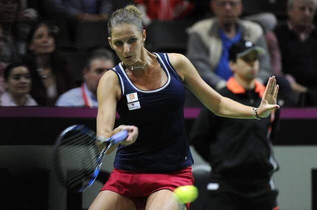 16.04.2016. Messe Luzern, Lucerne, Switzerland. Fed Cup Semi Final. Switzerland Versus Czech Republic. Karolina Pliskova in action in the match between Viktorija Golubic of Switzerland and Karolina Pliskova of the Czech Republic xDavidxEmmx  ActionPlus11728667