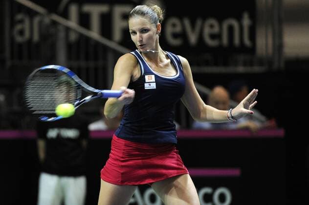 16.04.2016. Messe Luzern, Lucerne, Switzerland. Fed Cup Semi Final. Switzerland Versus Czech Republic. Karolina Pliskova in action in the match between Viktorija Golubic of Switzerland and Karolina Pliskova of the Czech Republic xDavidxEmmx  ActionPlus11728668