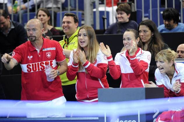 16.04.2016. Messe Luzern, Lucerne, Switzerland. Fed Cup Semi Final. Switzerland Versus Czech Republic. Belinda Bencic, Martina Hingis and Timea Bacsinszky of Switzerland cheering from the bench during the match between Viktorija Golubic of Switzerland and Karolina Pliskova of the Czech Republic xDavidxEmmx  ActionPlus11728678