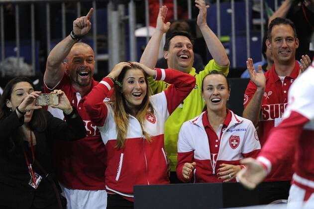 16.04.2016. Messe Luzern, Lucerne, Switzerland. Fed Cup Semi Final. Switzerland Versus Czech Republic. Belinda Bencic and Martina Hingis react during in the match between Viktorija Golubic of Switzerland and Karolina Pliskova of the Czech Republic xDavidxEmmx  ActionPlus11728681