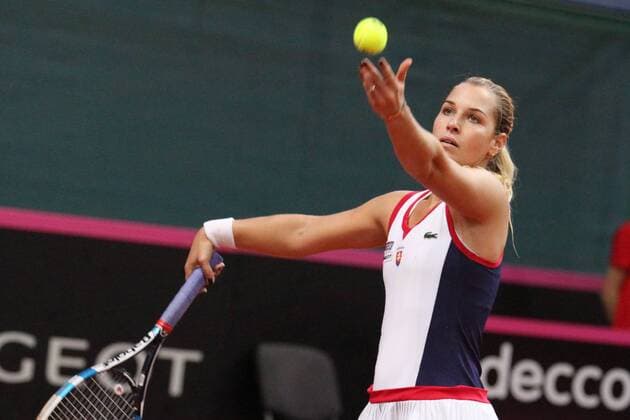 (160417) -- BRATISLAVA, April 17, 2016 -- Dominika Cibulkova of Slovakia competes during the match against Francoise Abanda of Canada at the Fed Cup World Group II Play-offs in Bratislava, Slovakia, April 16, 2016. Slovakia won 2-0. ) (SP)SLOVAKIA-BRATISLAVA-TENNIS-FED CUP AndrejxKlizan 
