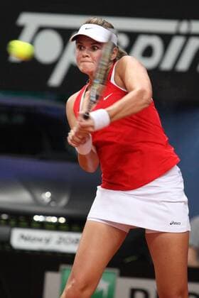 (160417) -- BRATISLAVA, April 17, 2016 -- Aleksandra Wozniak of Canada competes during the match against Karolina Schmiedlova of Slovakia at the Fed Cup World Group II Play-offs in Bratislava, Slovakia, April 16, 2016. Slovakia won 2-0. ) (SP)SLOVAKIA-BRATISLAVA-TENNIS-FED CUP AndrejxKlizan 