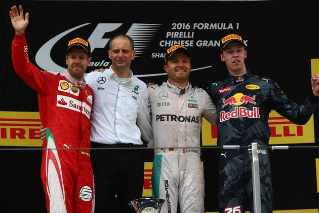 Chinese Grand Prix, Shanghai 14 - 17 April 2016 17.04.2016 - Race, 1st position Nico Rosberg (GER) Mercedes AMG F1 W07 Hybrid, 2nd position Sebastian Vettel (GER) Scuderia Ferrari SF16-H and 3rd position Daniil Kvyat (RUS) Red Bull Racing RB12 