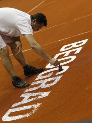 The field is being prepared for the women s tennis match between Belgian Yanina Wickmayer WTA Tennis Damen 42) and Serbian Aleksandra Krunic (WTA 120), game three of the World Group II Play-offs of the Fed Cup Europe Africa Group I, in Belgrade, Serbia, Sunday 17 April 2016. SRDJANxSTEVANOVIC  x04833618x