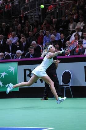 17.04.2016. Messe Luzern, Lucerne, Switzerland. Fed Cup Semi Final. Switzerland Versus Czech Republic. Timea Bacsinszky in action in the match between Timea Bacsinszky of Switzerland and Karolina Pliskova of the Czech Republic xDavidxEmmx  ActionPlus11729075
