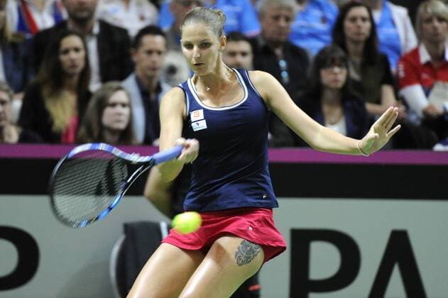 17.04.2016. Messe Luzern, Lucerne, Switzerland. Fed Cup Semi Final. Switzerland Versus Czech Republic. Karolina Pliskova in action in the match between Timea Bacsinszky of Switzerland and Karolina Pliskova of the Czech Republic xDavidxEmmx  ActionPlus11729078