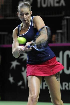 17.04.2016. Messe Luzern, Lucerne, Switzerland. Fed Cup Semi Final. Switzerland Versus Czech Republic. Karolina Pliskova in action in the match between Timea Bacsinszky of Switzerland and Karolina Pliskova of the Czech Republic xDavidxEmmx  ActionPlus11729080