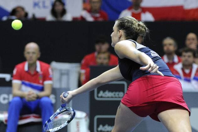 17.04.2016. Messe Luzern, Lucerne, Switzerland. Fed Cup Semi Final. Switzerland Versus Czech Republic. Karolina Pliskova in action in the match between Timea Bacsinszky of Switzerland and Karolina Pliskova of the Czech Republic xDavidxEmmx  ActionPlus11729086