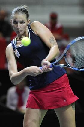 17.04.2016. Messe Luzern, Lucerne, Switzerland. Fed Cup Semi Final. Switzerland Versus Czech Republic. Karolina Pliskova in action in the match between Timea Bacsinszky of Switzerland and Karolina Pliskova of the Czech Republic xDavidxEmmx  ActionPlus11729088