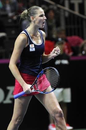 17.04.2016. Messe Luzern, Lucerne, Switzerland. Fed Cup Semi Final. Switzerland Versus Czech Republic. Karolina Pliskova in action in the match between Timea Bacsinszky of Switzerland and Karolina Pliskova of the Czech Republic xDavidxEmmx  ActionPlus11729090